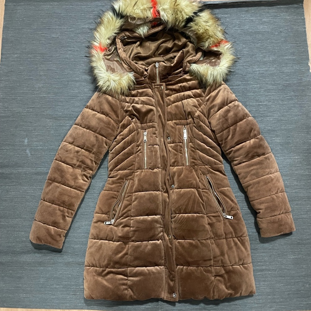 Brown velvet Winter coat with fur hood